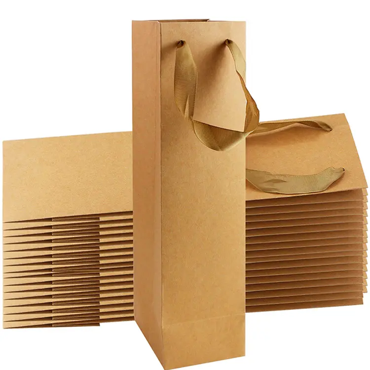 卸売カスタムエレガントリサイクル可能環境に優しいギフトハンドル包装250gsmワインクラフト紙袋