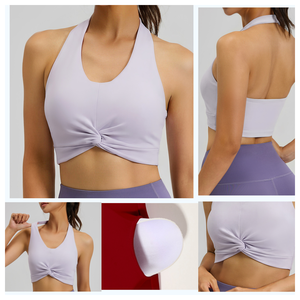 Top de yoga de alta sujeción con espalda cruzada para mujer, brocado de doble cara, alta elasticidad, con almohadillas extraíbles y cuello redondo. - Product Image 3