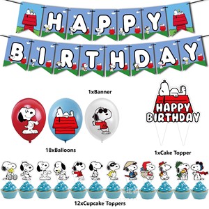 Kit de Fiesta de Cumpleaños de Perro de Dibujos Animados Vintage en Color Azul, Completo <span class=keywords><strong>con</strong></span> Guirnalda de Banderines de Feliz Cumpleaños, Adornos para Cupcakes y Globos de Látex - Product Image 3