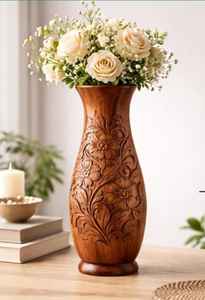 Florero de Madera Hecho a Mano con Intrincados Relieves Florales, Maceta Decorativa Tradicional de Madera para Decoración del Hogar y la Oficina - Product Image 2