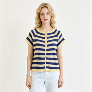 2026 New Arrival <strong>Navy</strong> Striped Knit <strong>Cardigan</strong>, Women's Short Sleeve Button Down Crew Neck Knitted Top, Knitwear - Product Image 3