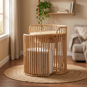 Rattan Kids <b>Dressing</b> <b>Table</b> Set <b>With</b> Mirror And Stool Scandinavian Style Eco-Friendly Furniture - Product Image 4