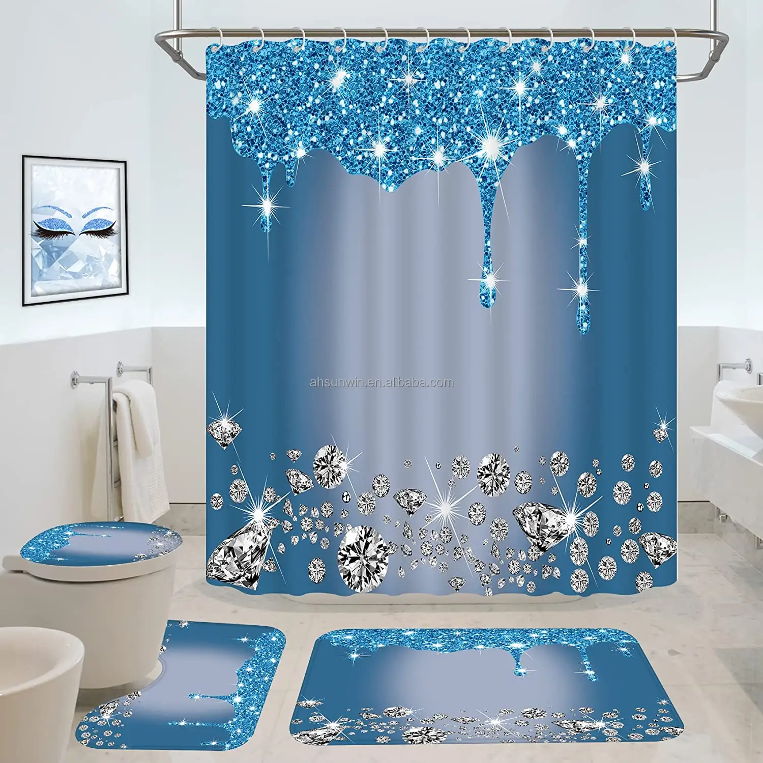 4 Pcs Glitter Diamond Shower Curtain Sets with Rugs Luxury Texture Colorful Bling Modern Bathroom Curtain with 12 Hooks