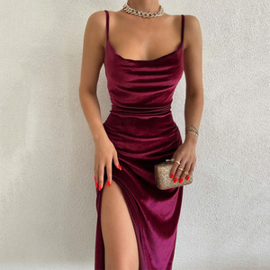 Velours sans manches Slip Sexy fente Maxi robe mode soirée femmes vêtements élégant Streetwear fête nuit tenue décontractée Vestidos - Product Image 5