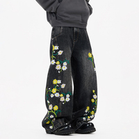 Pantalons en jean à jambe large et ample pour hommes et femmes, tendance, marque rétro, broderie de plantes et de fleurs, coupe incurvée