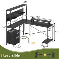 AJUNION Table d'ordinateur avec support de moniteur Prises de courant et panneau perforé Bureau de jeu à led réversible avec tiroirs et étagères de rangement