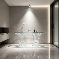 Table console moderne sur mesure en résine transparente avec feuilles cannelées et plateau en verre trempé pour hall d'entrée de villa