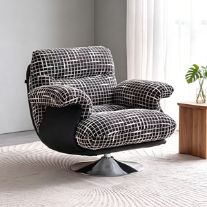 Fauteuil d'appoint pivotant moderne en velours à carreaux noir et blanc, avec pieds en bois, design ergonomique pour salon et salle à manger - Product Image 4