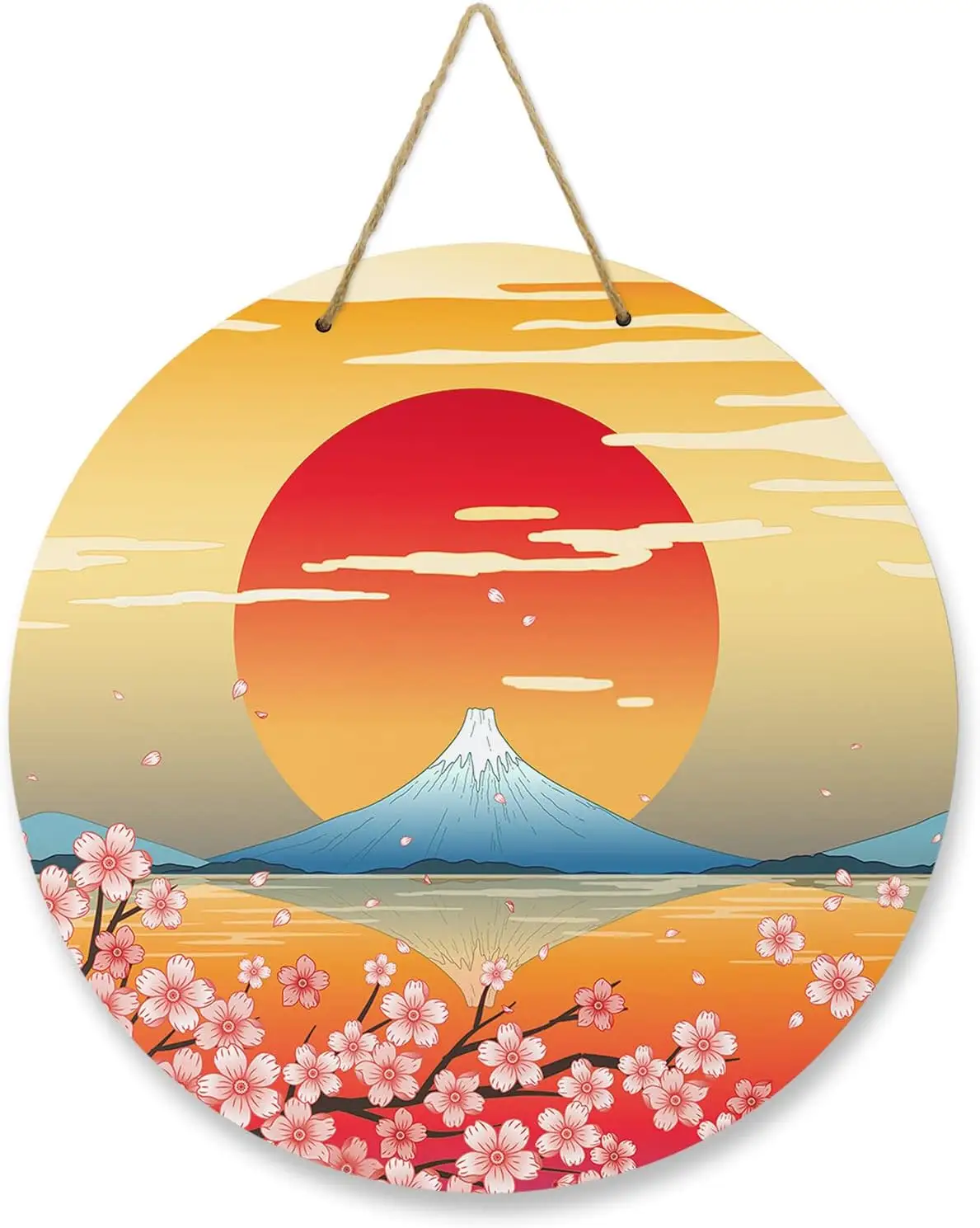 Welkom Bord Voordeur Decoratie Japanse Mount Fuji Kersenbloesem Zonsondergang Ronde Houten Kransen Muur Opknoping Veranda Decor