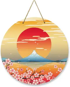 Welcome Sign Front Door Decoration Japanese Mount Fuji Cherry Blossom Sunset Round Wooden Wreaths Wall Hanging Porch Decor