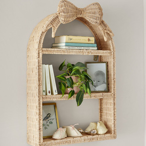 Rattan <b>Wall</b> Shelf 3 Tier <b>Hanging</b> <b>Storage</b> Basket With Bow Design For Kids Room Home Decor - Product Image 2