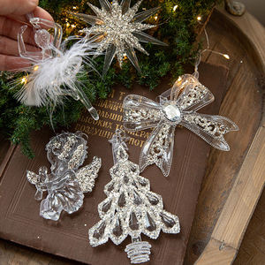 Décoration de Noël, pendentif en cristal en forme de flocon de neige en acrylique transparent avec paillettes, ornement à suspendre pour sapin de Noël - Product Image 1