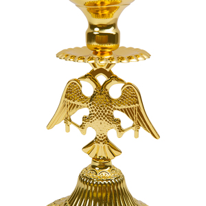Portacandele Ortodosso Placcato Oro HT con Aquila a Due Teste 25,5cm, Candelabro per Chiesa con Copertura in Vetro Rosso per Altare - Product Image 4