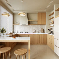 Îlot de cuisine moderne gris clair et bois foncé bicolore en MDF avec appareils encastrés, niche LED, meubles de cuisine ouverte sur mesure et évier