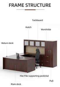 Juego de escritorio de oficina ejecutiva en forma de U con cajón y gabinete de pared trasero Juego de librería Escritorio de mesa de oficina de madera - Product Image 2