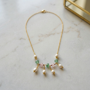 Collier en laiton italien plaqué rhodium personnalisé, perles de quartz rose et de melon vert, imitation perle, lariat élégant pour femme - Product Image 6