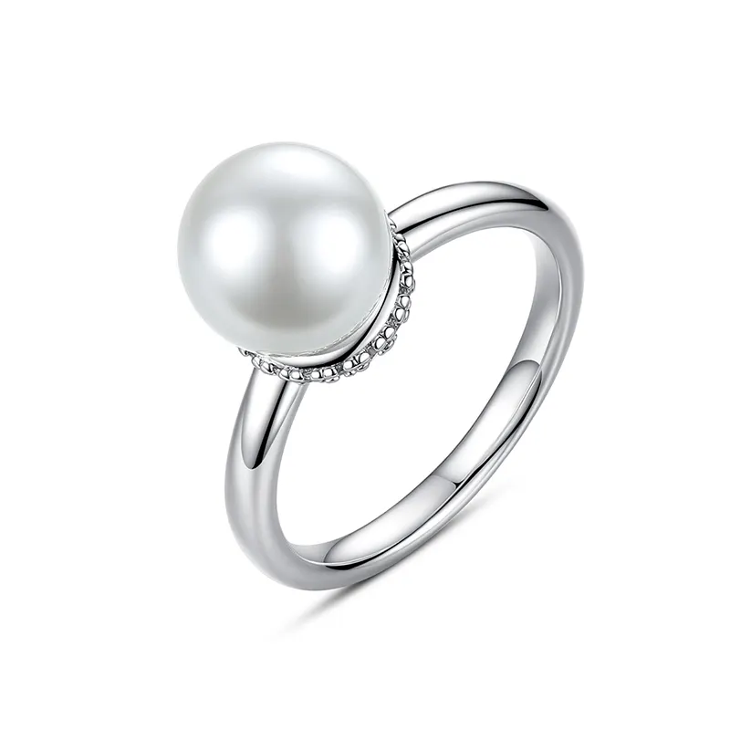 LUOTEEMI Simple Style Glass Round White Pearl Rings For Women Rhodium Plated Wholesale Finger Ring