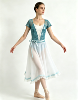 Robe de ballet Anna Shi turquoise à sequins, manches courtes, bordure en dentelle, jupe midi blanche, nœud en satin, costume de scène romantique