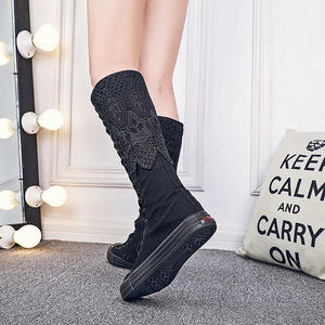 Bottes longues en dentelle, chaussures en toile, bottes plates pour femmes, fermeture éclair latérale, bottes hautes jusqu'au genou, chaussures de danse confortables pour adultes, tendance automne-<span class=keywords><strong>hiver</strong></span> - Product Image 3