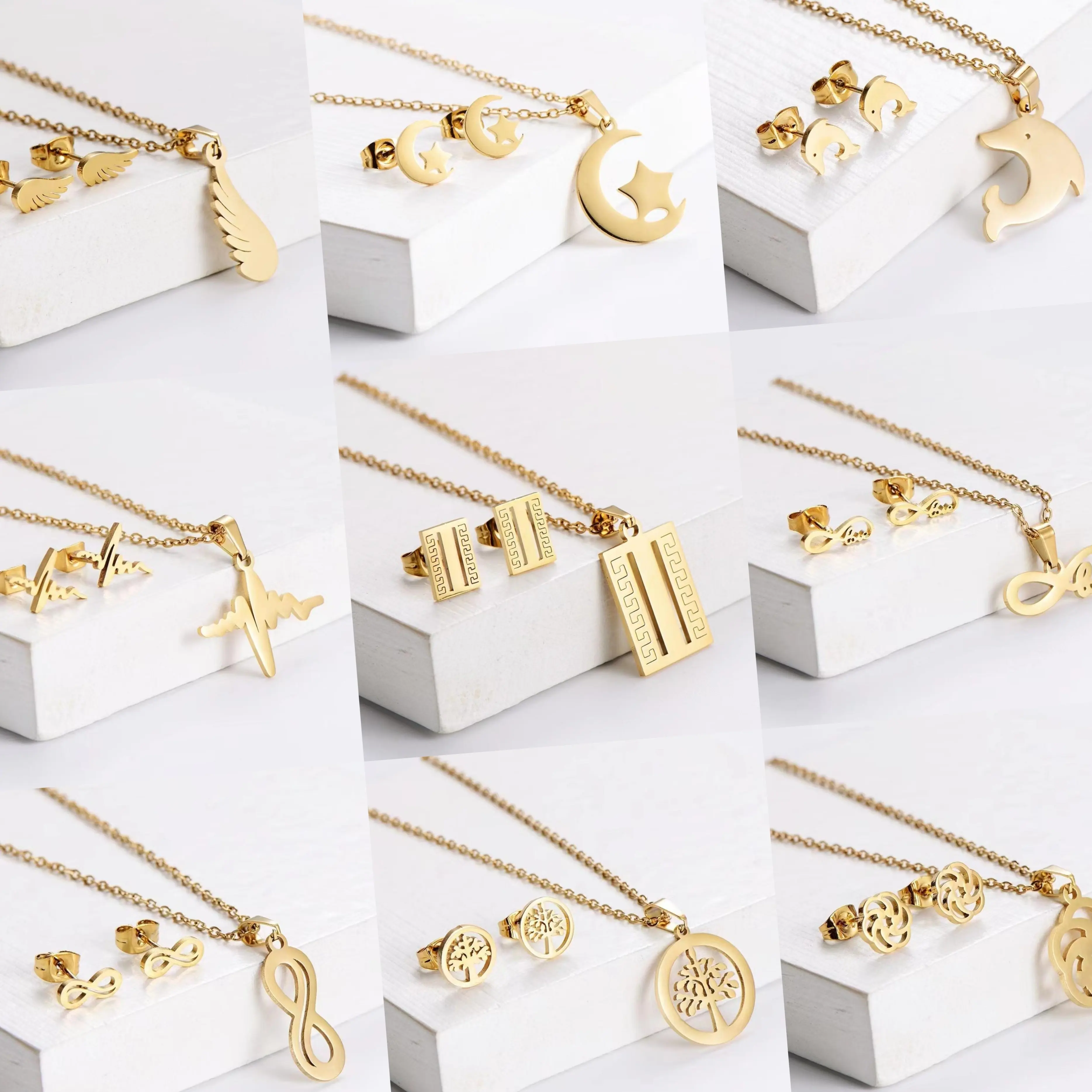 Set perhiasan modis wanita, Set kalung dan anting-anting minimalis baja tahan karat emas 18K kupu-kupu hati untuk hadiah
