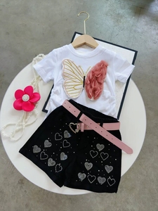 New Style Girls Short <strong>Sleeves</strong> 3D <strong>butterfly</strong> T-shirt <strong>Top</strong> + Sequined Jeans Shorts 2 Pcs Outfit Clothing Set - Product Image 4