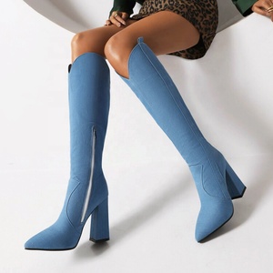 Bottes pour femmes en denim bleu uni, talon carré, hauteur genou, bout pointu, talon épais, antidérapantes, automne-hiver, taille 43 - Product Image 1