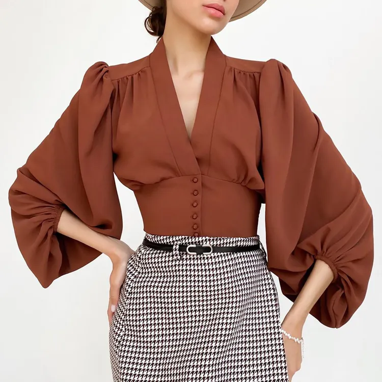 Bahar moda Blusa Curta fener kollu bayan bluzlar üstleri Vintage gömlek v yaka göğüslü dökümlü kadın zarif bluz