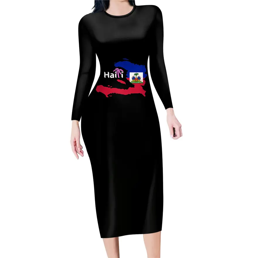 Siyah Haiti bayrağı baskı tasarım uzun kollu elbiseler yaz zarif Bodycon uzun kollu elbise uzun kollu gömme elbise