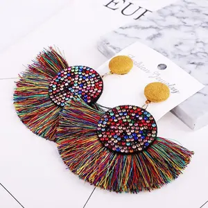 Pendientes de cuentas de arroz de estilo bohemio para mujer, aretes de tuerca con borlas grandes hechas a mano de color rojo y amarillo, 2023