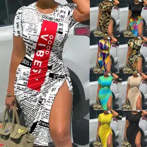2024 Neuestes Design Sommer Damen Sonnenkleid bedruckt Kurzarm Zugband lässiges Sommerkleid Damen Bodycon Split Midi-Kleid