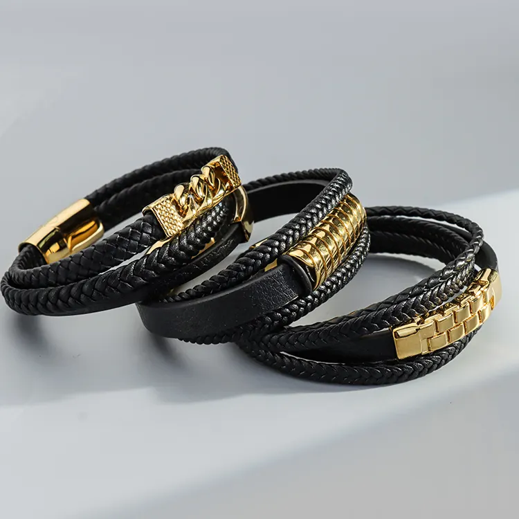Mehr schicht iges geflochtenes Seil Hand gefertigtes Leder armband mit individuellem Edelstahl zubehör Leder armband für Herren