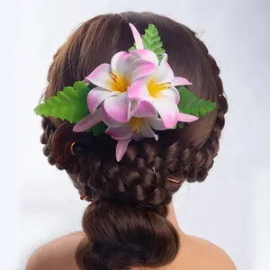 Wholesales Factory Supplier HC00050 10 Color 3-Foam Plumeria Hair Stick W Spider Lily &Fern Leaves Hawaii Flower Hair Stick