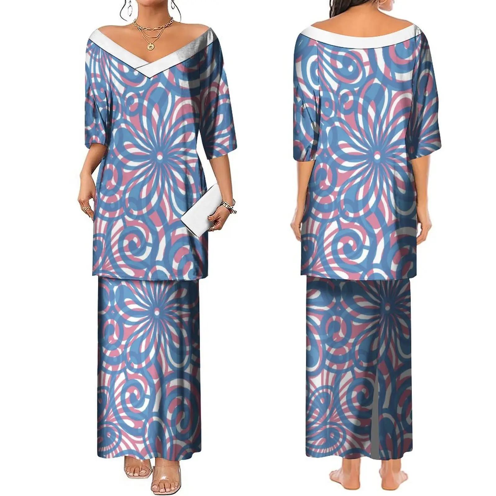 New arrivals tapa thiết kế V cổ Top hai mảnh maxi váy Set Thái Bình Dương Di Sản SAMOA puletasi kích thước lớn 7XL phụ nữ quần áo