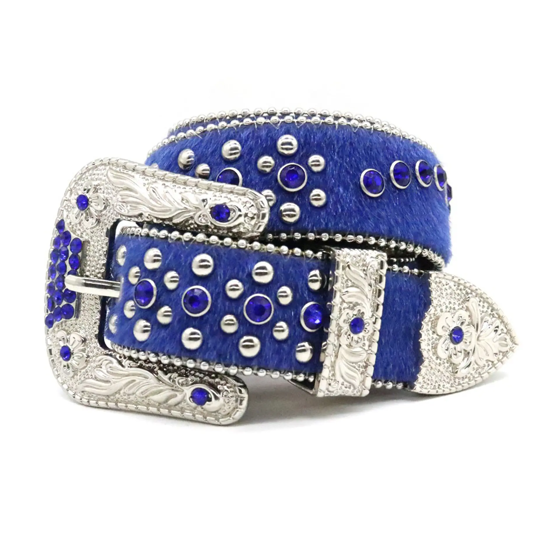 Cintura di diamanti capelli di cavallo blu reale con fibbia classica incisa floreale in argento