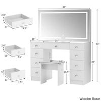 Coiffeuse de chambre en bois blanc avec miroir LED réglable, 9 tiroirs, poignées en cristal, écologique, design moderne
