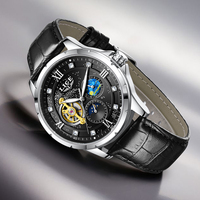 LIGE LG6830 Montre automatique mécanique à remontage automatique en cuir noir ciel étoilé diamant tourbillon phase de lune réserve de marche 42 mm