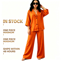 Setelan Wanita Ukuran Besar Musim Gugur 2 Potong, Blazer Lengan 3/4 dan Celana Kaki Lebar, Model Kasual Kancing, Longgar
