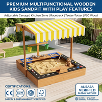 Grande Bac à Sable en Bois Écologique pour Enfants, Extérieur, avec Auvent Rayé Réglable UPF 50+, Piste de Jeu et Piste de Course, Bac à Sable Sensoriel 3-en-1
