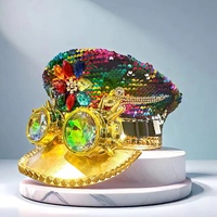 Chapeaux de Capitaine Arc-en-ciel à Paillettes Personnalisés (3 MOQ) avec Lunettes Steampunk Bleues et Bord Doré – Casquettes de Fête Rave pour Femmes – Vente en Gros