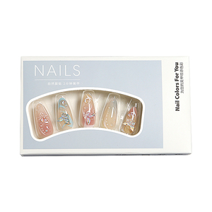 24 <span class=keywords><strong>faux</strong></span> ongles en ABS, forme amande, nude ombré, avec papillons 3D, fleurs et strass, réutilisables, en acrylique, avec colle, pour femmes - Product Image 5