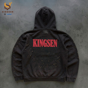 Sweat à capuche zippé vintage épais pour homme, imprimé, style streetwear, effet vieilli, délavé à l'acide, clouté, avec strass - Product Image 3