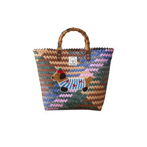 Sac fourre-tout rétro en toile rayée pour femme avec deux poignées en bambou, motif teckel - Product Image 5