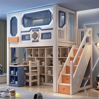 Lit mezzanine en bois massif de style luxueux JS pour enfants, ensemble de meubles de chambre avec garde-corps haut, toboggan, escalier et armoire de rangement pour garçons