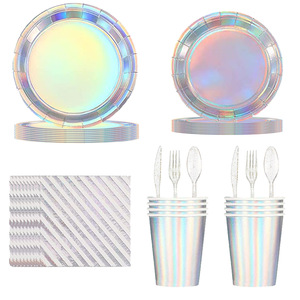 Ensemble de vaisselle jetable pour fête, assiettes, gobelets et serviettes en papier réfléchissant au laser, style moderne, kit de couverts - Product Image 1