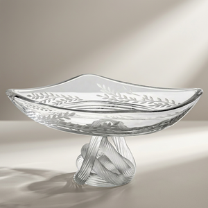 Assiette de service en verre gravé transparent, forme rectangulaire, motif végétal, design moderne fait main, support à base nouée pour desserts de fête - Product Image 1