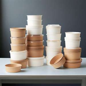 Bol en papier blanc rond jetable de 1000 ml et 1300 ml avec couvercle pour salades et plats à emporter - Product Image 2