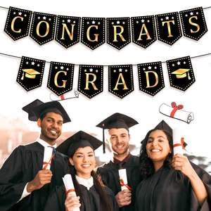 راية تخرج من الورق باللون الأسود الذهبي للتهنئة, راية ورقية للتعليق في الحفلات من لوازم الديكور - Product Image 1