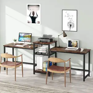 Bureau d'ordinateur double avec étagère pour imprimante, poste de travail extra long pour deux personnes avec étagères de rangement Bureau de bureau