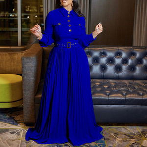 Combinaisons élégantes pour femmes, taille plus, jambes larges, manches longues, plissées, rouges, pour le bureau, avec ceinture et poches, pour l'automne et l'hiver - Product Image 3
