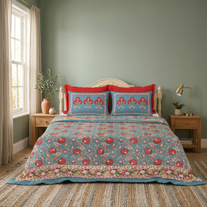 Drap plat en coton imprimé floral bleu et rouge style indien, literie bohème florale indienne, fait main à Jaipur, tailles Queen et King - Product Image 1